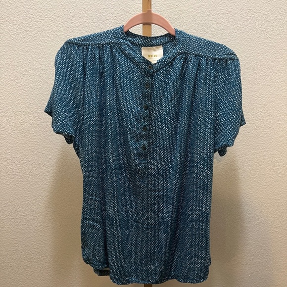 Maeve Top Women S Teal Geometric Crew Neck 3/4 Button Front Short Sleeves Rushed - Picture 1 of 7